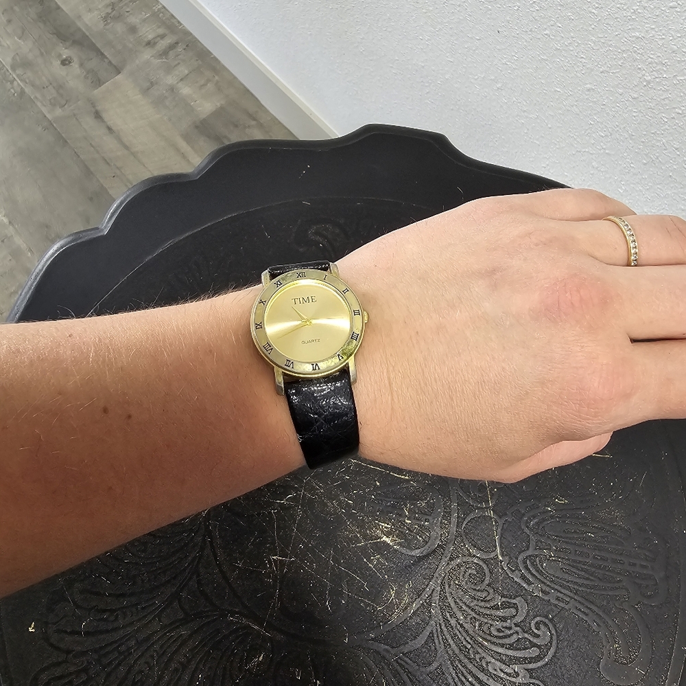 Time Magazine Gold Tone Dial Round Case Black Leather Band Watch